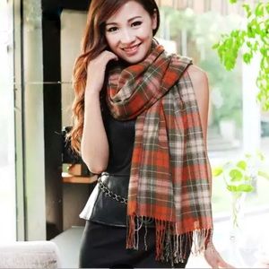 Orange Green Plaid Fringe Scarf Wrap Fringe New